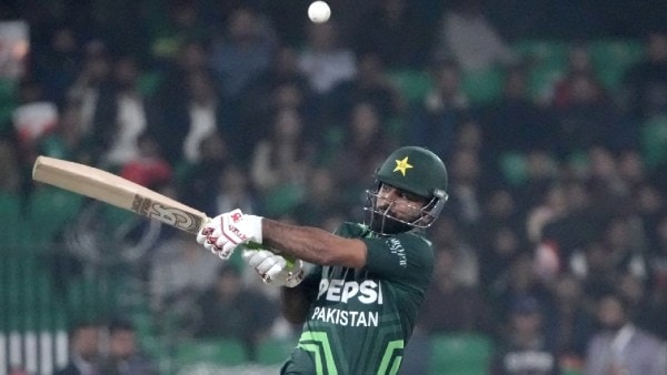 Pakistan's Fakhar Zaman plays a shot during the tri-series ODI cricket match between Pakistan and New Zealand at Gaddafi Stadium in Lahore, Pakistan, Saturday, Feb. 8, 2025. (AP Photo)