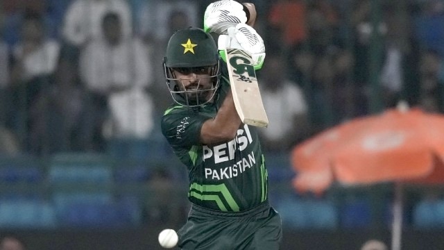 Pakistan's Babar Azam plays a shot during the tri-series ODI cricket match between Pakistan and South Africa, in Karachi, Pakistan, Wednesday, Feb. 12, 2025. (AP Photo)