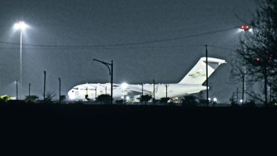The third US military aircraft carrying 112 illegal Indian immigrants at the Amritsar airport on Sunday night. Of the 112 deportees, 44 are from Haryana, 33 from Gujarat, 31 from Punjab, two from UP and one each from Uttarakhand and Himachal Pradesh. (Rana Simranjit Singh)