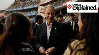 Britain's Prince Edward, Duke of Edinburgh speaks with students before the India-England T20I match