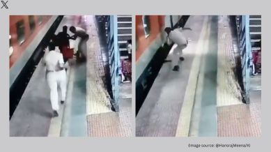The viral video shows the passenger falling into the gap between the train and the platform (Image source: @HansrajMeena/X)