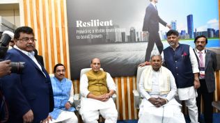 During his inaugural speech at Global Investors Meet: Invest Karnataka 2025, Singh advised Siddaramaiah, who was on the stage in a wheelchair, to “keep his legs safe” from the “stumbling blocks everywhere” — a remark that drew laughter from the audience. (Express Photo)