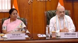 Union Home Minister Amit Shah with Delhi CM Rekha Gupta chairs a meeting to review law and order situation in Delhi.