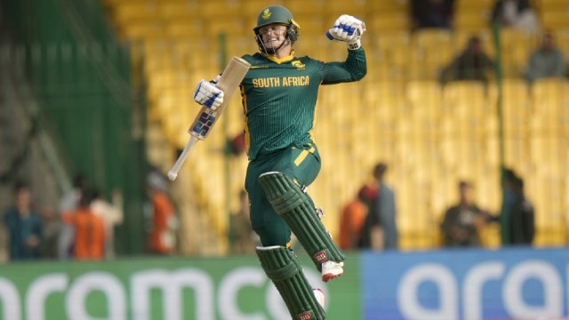 South Africa's Ryan Rickelton celebrates after scoring century during the ICC Champions Trophy cricket match between Afghanistan and South Africa, in Karachi, Pakistan Friday, Feb. 21, 2025. (AP Photo)