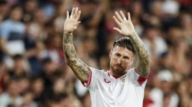 Sevilla's Sergio Ramos gestures during a Spanish La Liga soccer match between Sevilla and FC Barcelona at the Ramon Sanchez Pizjuan stadium in Seville, Spain, May 26, 2024. (AP Photo)