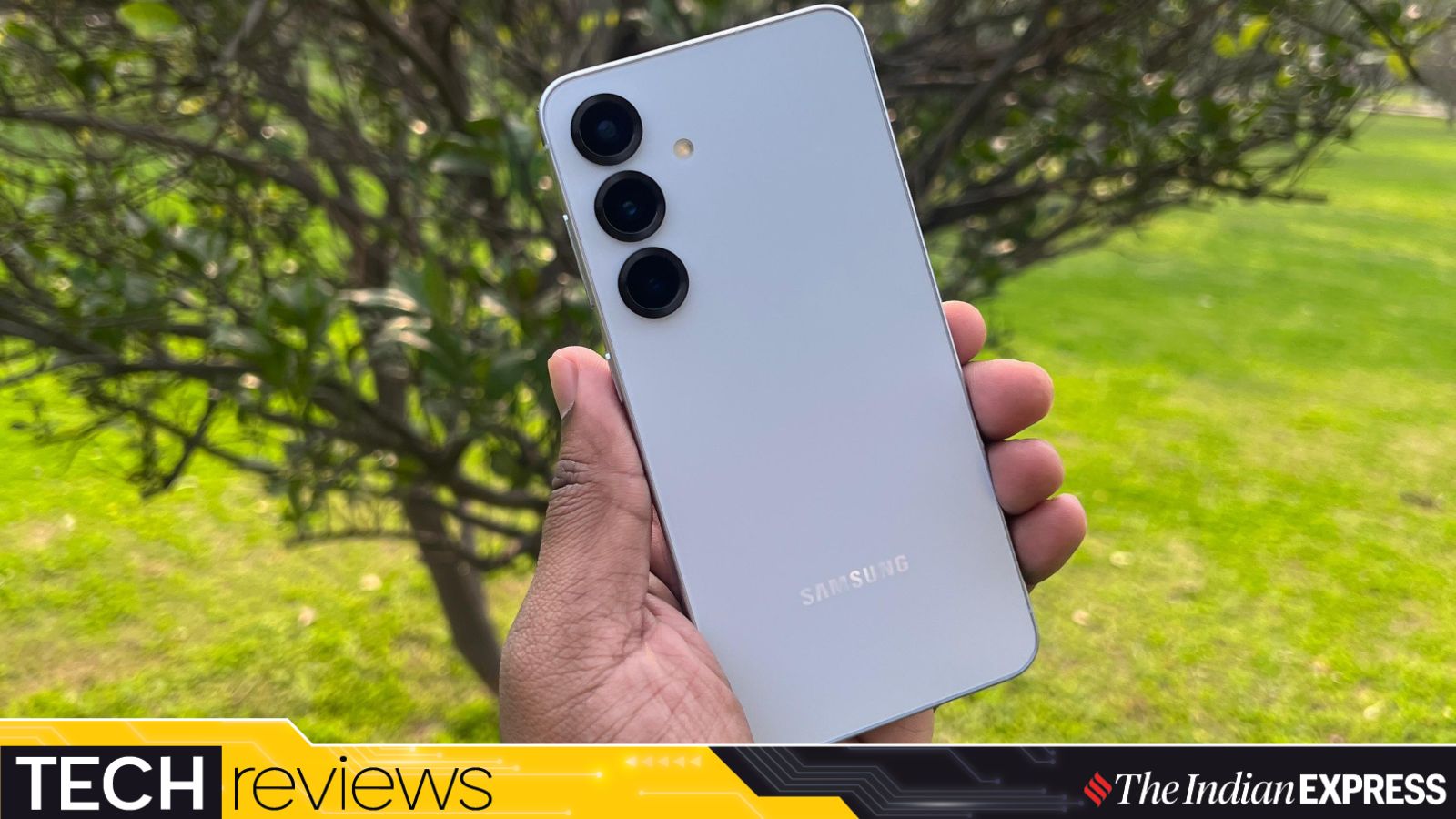 The latest Samsung Galaxy S25 in Icy Blue shade under bright sunlight. (Photo: Bijin Jose/The Indian Express)