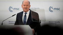 Germany's Chancellor Olaf Scholz speaks during the Munich Security Conference at the Bayerischer Hof Hotel in Munich, Germany, Saturday, Feb. 15, 2025. (AP Photo/Matthias Schrader)