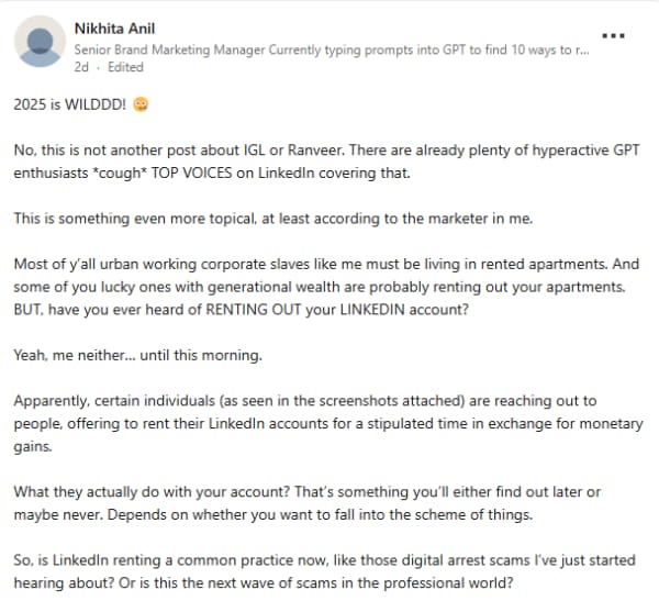 Screenshot of Nikhita Anil's LinkedIn post