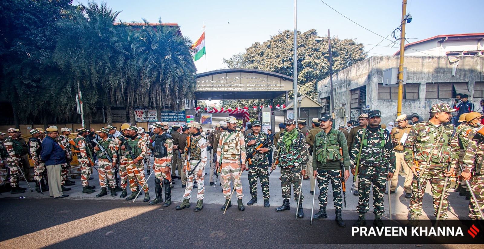 Security at a polling station at Jafrabad, Seelampur constituency, in New Delhi on Wednesday.