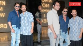 Shah Rukh Khan gives a warm hug and kiss to Aamir Khan at his son Junaid Khan's film Loveyapa's Screening