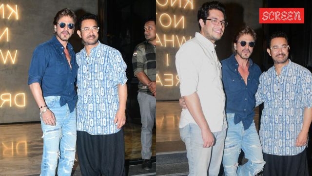 Shah Rukh Khan gives a lukewarm  hug and buss  to Aamir Khan astatine  his lad   Junaid Khan's movie  Loveyapa's Screening