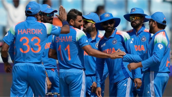 Mohammed Shami celebrates with teammates after the dismissal of Bangladesh's Soumya Sarkar during the ICC Champions Trophy cricket match between India and Bangladesh at Dubai International Cricket Stadium in Dubai, United Arab Emirates, Thursday, Feb. 20, 2025. (AP Photo/Altaf Qadri)