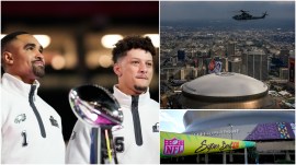 Super Bowl LIX: Philadelphia Eagles quarterback Jalen Hurts (1) and Kansas City Chiefs quarterback Patrick Mahomes (15) pose with the trophy (AP)