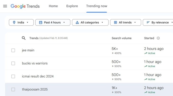 On Tuesday, February 11, 2025, "Thaipusam 2025" is a trending search term on Google Search. (Screenshot)