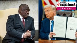 A side by side of South Africa President Cyril Ramaphosa in 2022; US President Donald Trump in 2025.