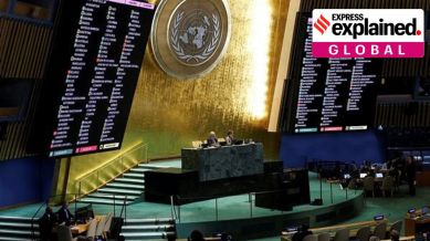 Vote results are displayed during the Eleventh Emergency Special Session draft resolution meeting in the United Nations General Assembly on the 3rd anniversary of Russia's war with Ukraine, at the U.N. headquarters in New York, U.S., February 24, 2025. (REUTERS)