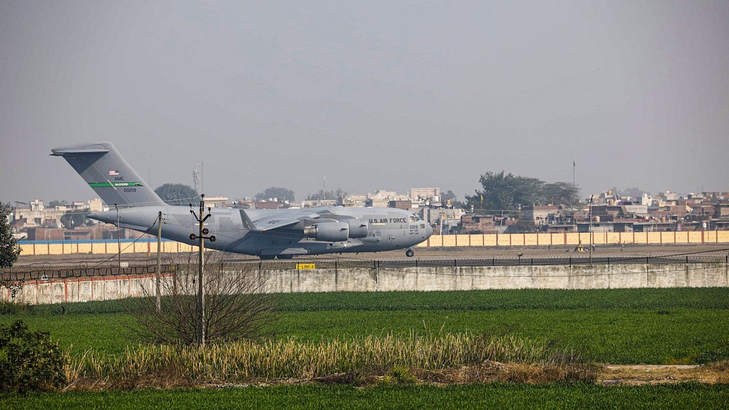 Amritsar: A US military aircraft carrying illegal Indian immigrants upon its landing at the Shri Guru Ramdas Ji International Airport, in Amritsar, Wednesday, Feb. 5, 2025. (PTI Photo/Shiva Sharma)