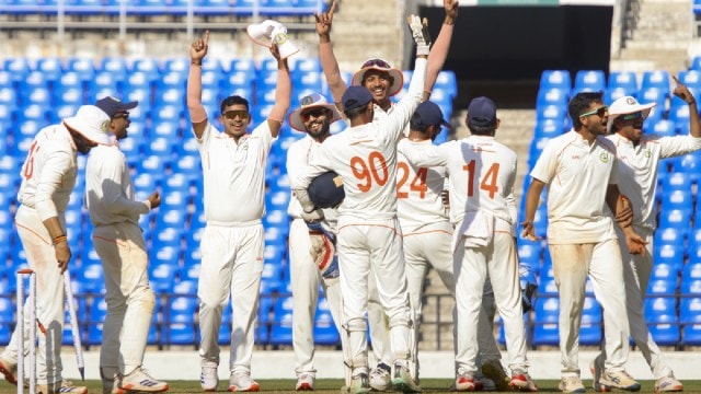 Vidarbha's players celebrate after winning the Ranji Trophy semi-final cricket match against Mumbai, at Vidarbha Cricket Association (VCA) Stadium, in Nagpur, Maharashtra, Friday, Feb. 21, 2025. (PTI Photo)