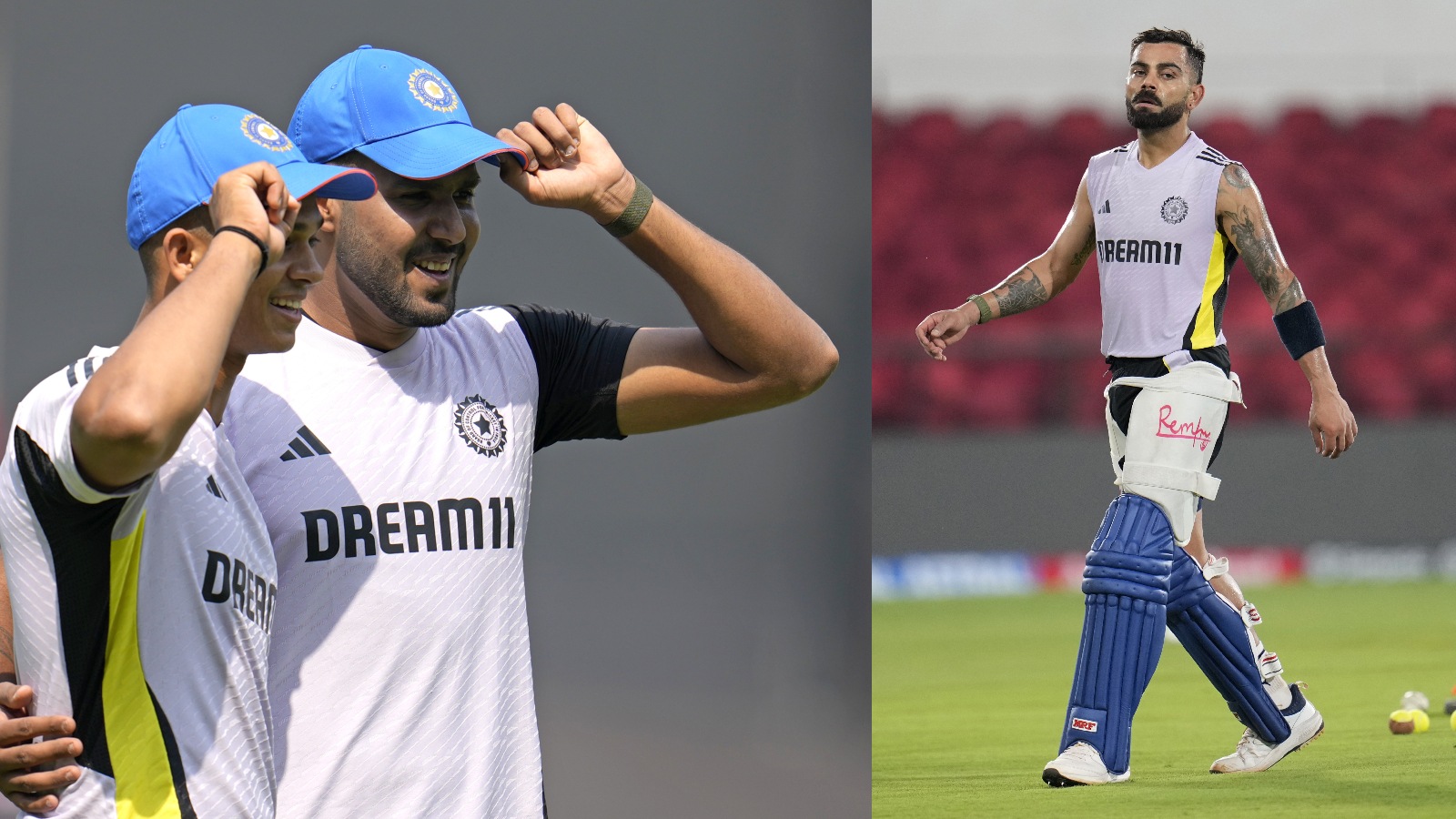 (LEFT) Yashasvi Jaiswal and Harshit Rana pose with their India caps; (RIGHT) Virat Kohli during the nets session at Nagpur. (PHOTOS: AP)
