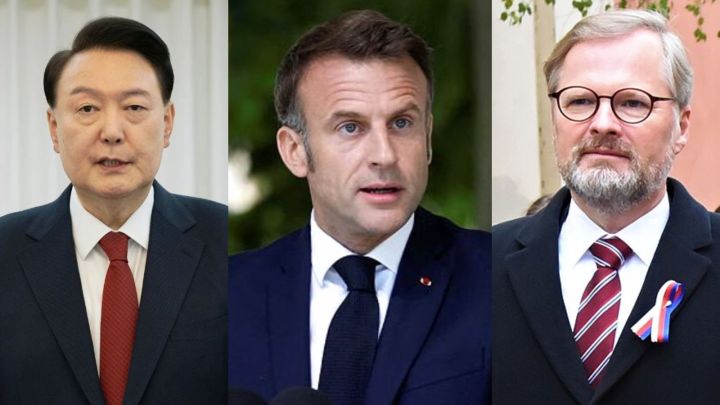 Yoon Suk Yeol (left), Emmanuel Macron (center), and Petr Fiala (right)