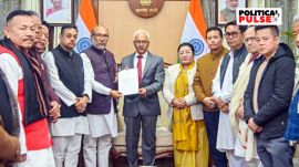 N Biren Singh hands over his letter of resignation from the post of Chief Minister to Governor Ajay Kumar Bhalla, at Raj Bhavan in Imphal on Sunday. (ANI)
