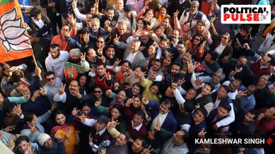 Chandigarh BJP celebrating after BJP won Delhi Assembly election on Saturday. Express Photo by Kamleshwar Singh