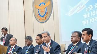 D K Sunil (third from right) was addressing a press conference during Aero India 2025 at Yelahanka Air Force base in Bengaluru; he said HAL is evaluating whether the Dhruv helicopter's crash took place due to specific helicopter problems or if there were any general defects.