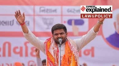 Hardik Patel speaks during his public meeting ahead of filing nomination from Viramgam assembly seat on Tuesday. Express photo by Nirmal Harindran, 15-11-2022, Ahmedabad