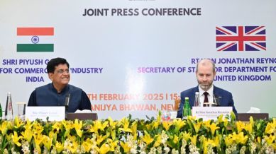 Commerce and Industry Minister Piyush Goyal meets UK’s Business and Trade Secretary Jonathan Reynolds in Delhi.
