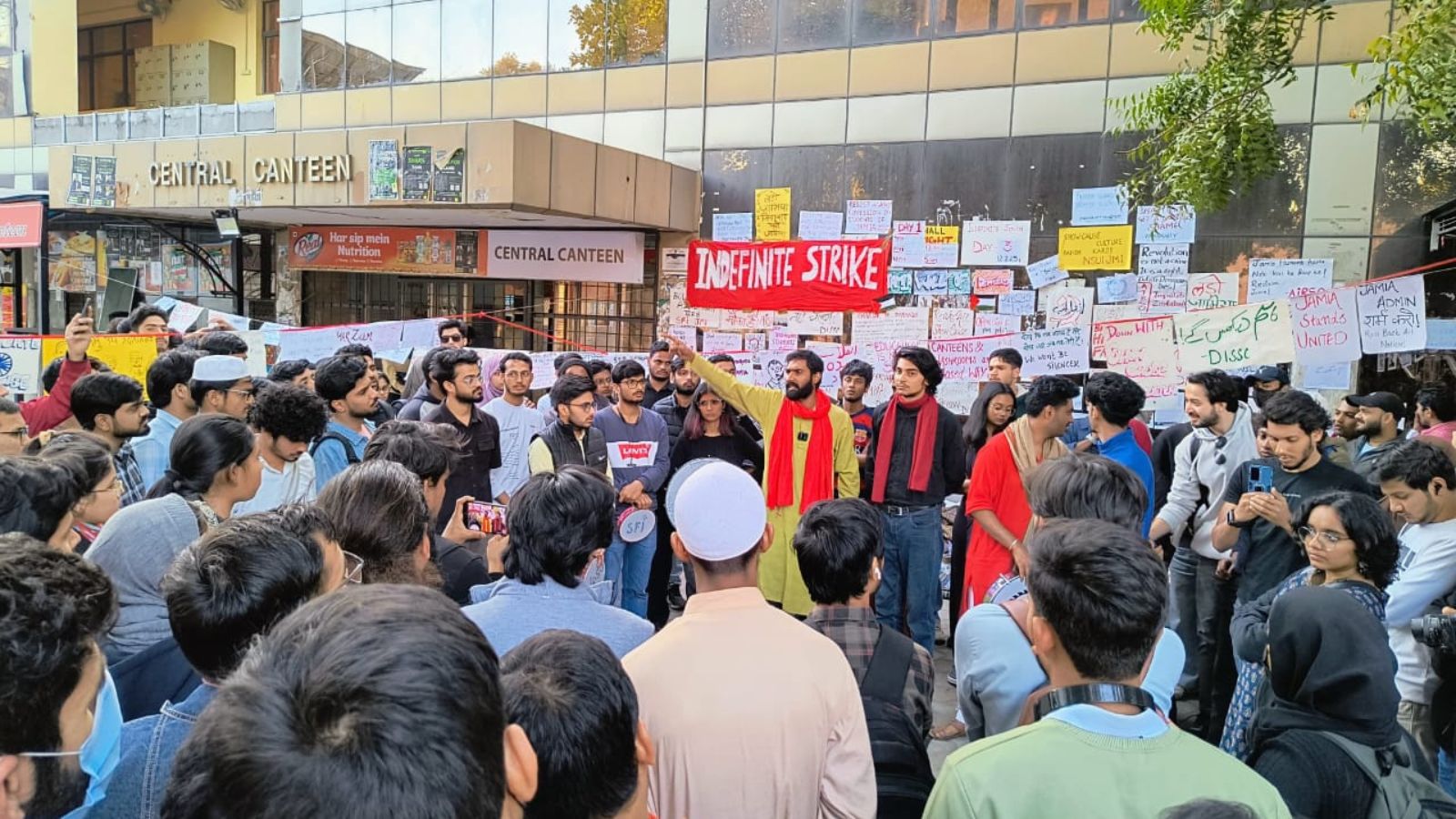 Members of left students’ groups have been protesting against the university’s show-cause notices issued last year to students who had organised a CAA-NRC observance day. (Express Photo)
