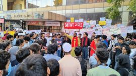 Members of left students’ groups have been protesting against the university’s show-cause notices issued last year to students who had organised a CAA-NRC observance day. (Express Photo)