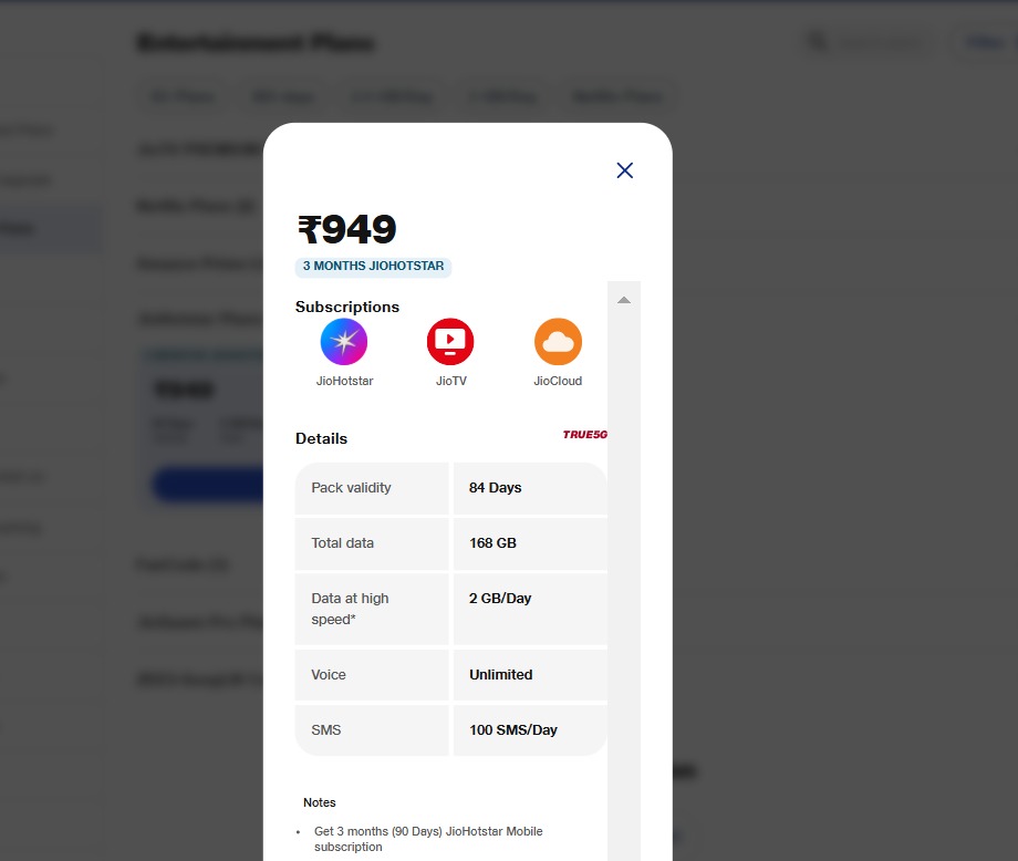 Jio recharge plan details.
