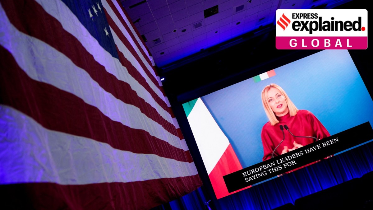 Italy's Prime Minister Giorgia Meloni remotely addresses the Conservative Political Action Conference (CPAC) annual meeting in National Harbor, Maryland, U.S., February 22, 2025.