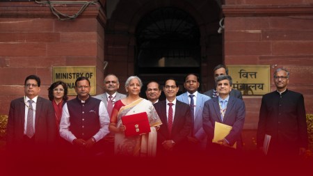 Union Finance Minister Nirmala Sitharaman with Union Minister of State for Finance Pankaj Chaudhary and other officials outside the Finance Ministry ahead of the presentation of Union Budget 2025-26.