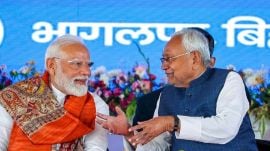 Prime Minister Narendra Modi with Bihar Chief Minister Nitish Kumar during the release of the 19th installment of the PM Kisan Samman Nidhi (PM-KISAN) scheme and launch of various development projects, in Bhagalpur, Bihar, PM Modi, lalu prasad