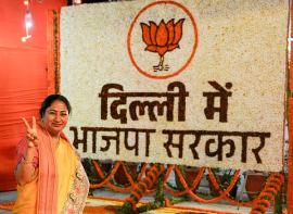 New Delhi: BJP leader Rekha Gupta arrives for the BJP legislature party meeting, at the party office, in New Delhi, Wednesday, Feb. 19, 2025. Shalimar Bagh MLA Rekha Gupta will be the new chief minister of Delhi, the BJP announced on Wednesday. (PTI Photo/Manvender Vashist Lav) (PTI02_19_2025_000390B)