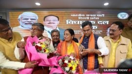 Newly elected Delhi CM Rekha Gupta with BJP leader Parvesh Verma and other leaders after she was elected as the head of the BJP legislature party on Wednesday. (Express Photo by Gajendra Yadav)