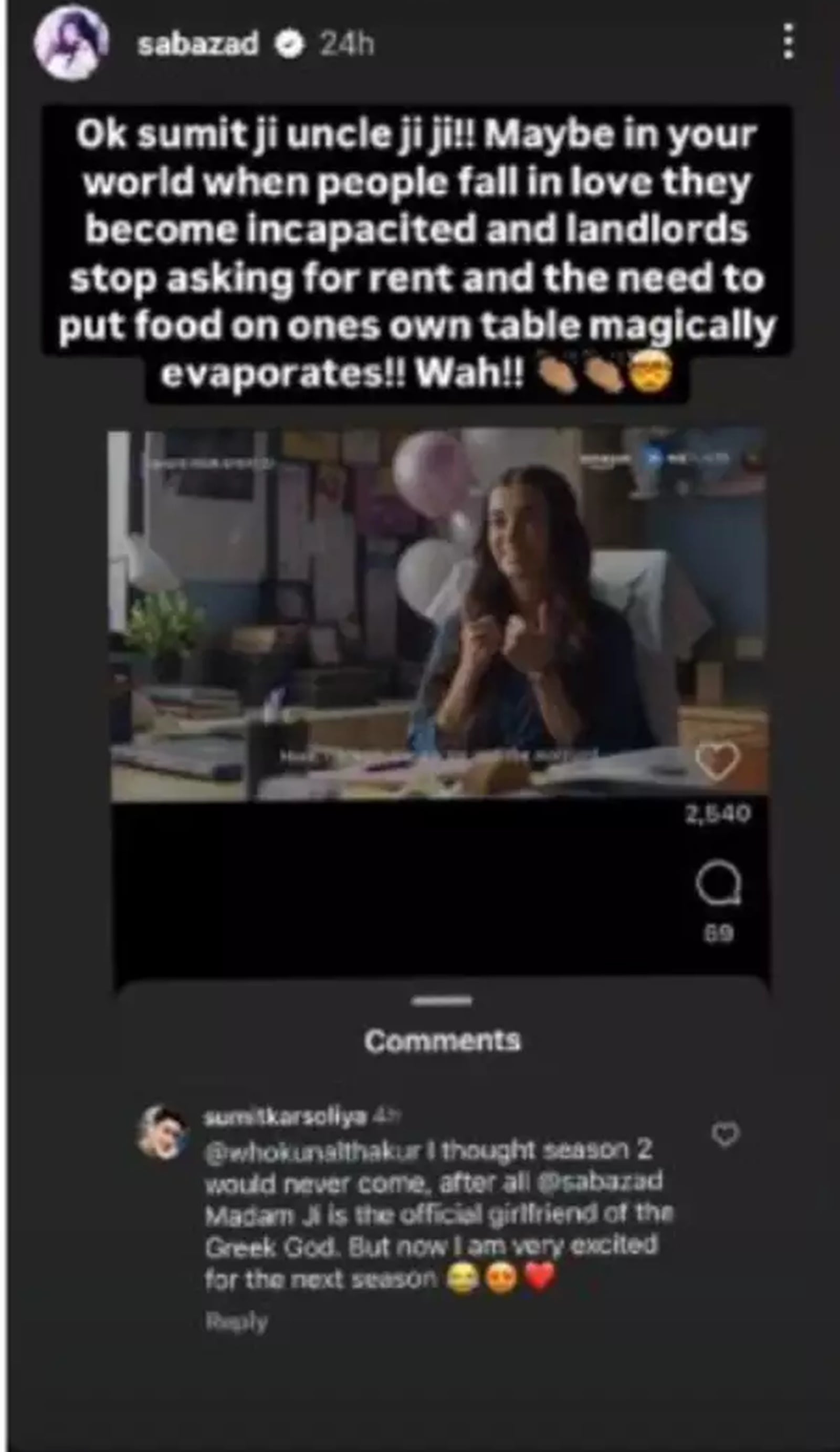 The actor shared a screenshot of the comment on her Instagram Story
