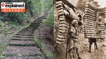 An old stone path in Sichuan (left) and porters carrying tea in China in 1908.