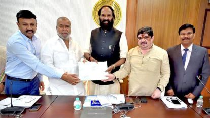 Telangana Minister N Uttam Kumar Reddy receives the report of the Judicial Commission headed by Retd HC Justice Shameem Akhtar, with recommendations on SC categorisation after completion of the comprehensive caste survey. (Photo: PTI)
