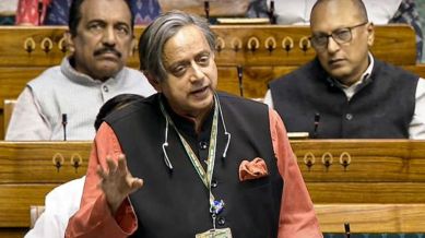 Congress MP Shashi Tharoor speaks in the Lok Sabha during the Budget session of Parliament, in New Delhi, Tuesday,