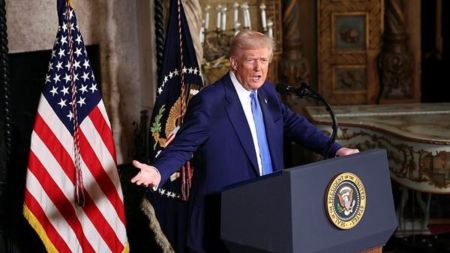 President Donald Trump speaks at Mar-a-Lago in Palm Beach