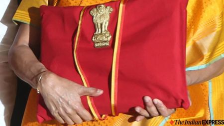 Finance Minister Nirmala Sitharaman holds Union Budget 2020-21 to present in the Lok Sabha, in New Delhi.