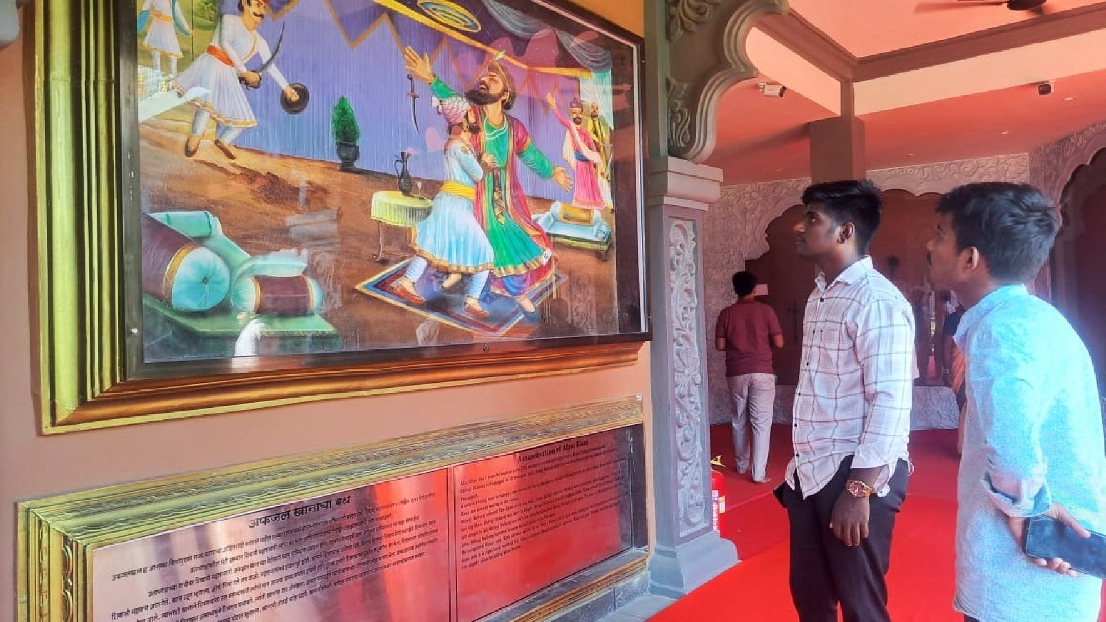 Murals in the temple complex tell the story of Shivaji. (Express Photo)