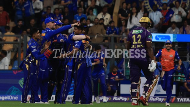 Mumbai Indians' debutant Ashwani Kumar celebrates the with of Andre Russell with teammates during IPL 2025 match against Kolkata Knight Riders in Mumbai. (Express photo by Amit Chakravarty)