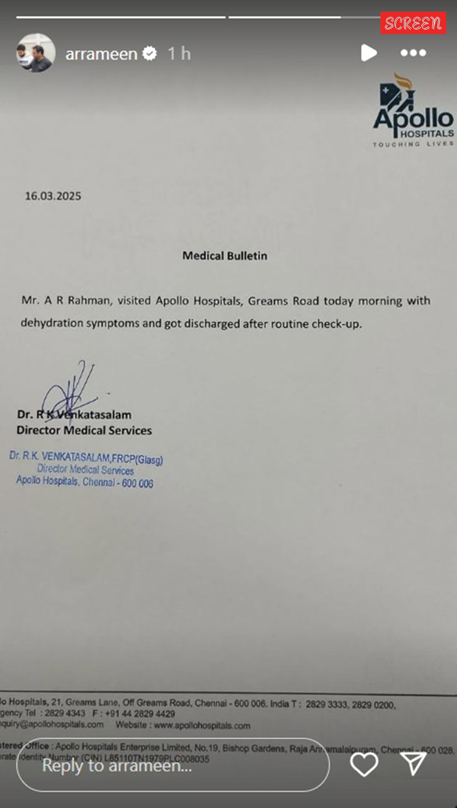 AR Rahman was admitted to Apollo Hospitals in Chennai due to dehydration.
