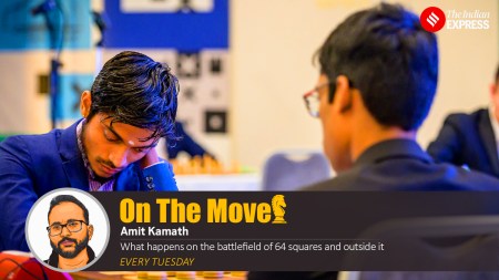 Aravindh Chithambaram takes on good friend Praggnanandhaa in the fifth round at the Prague Chess Masters event. (PHOTO: Petr Vrabec)