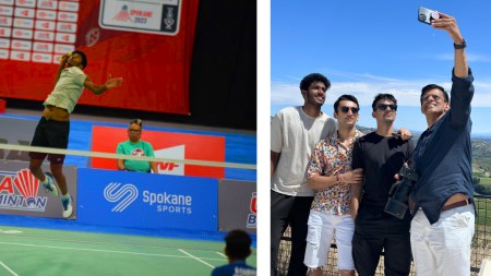 (LEFT) Ayush Shetty in action at the Junior World Championships in Spokane; (RIGHT) Ayush Shetty (L) with coach Vimal Kumar (R) before Paris Olympics, when he had gone to France to train with the Popov brothers along with Lakshya Sen. (Express Photos)