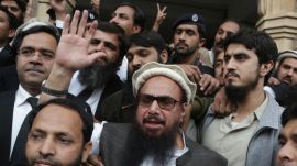 Abu Qatal (right) seen with Mumbai terror attacks mastermind Hafiz Saeed outside a court in Lahore, Pakistan, in 2017. (AP Photo)