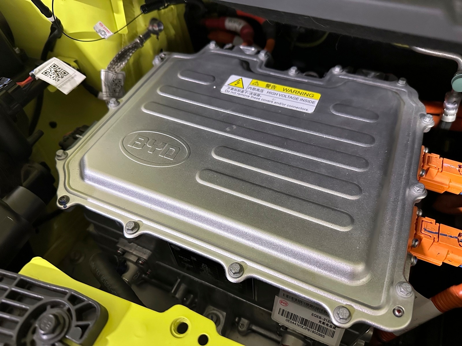 The battery of a BYD Seagull electric vehicle as seen at the Caresoft Global facility
